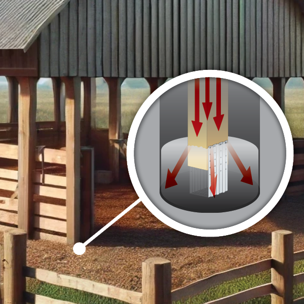 An illustration demonstrating the Atlas Concrete Foot Anchor™ system. The image features a galvanized 14 gauge ribbed bracket attached to a wooden post using 16d common hot galvanized nails. The bracket extends beneath the bottom of the post, forming a cavity that fills with cement during a single pour. The diagram illustrates how this bracket secures the post to the concrete, distributes the load across a larger surface area, and offers enhanced resistance to lateral forces and uplift.
