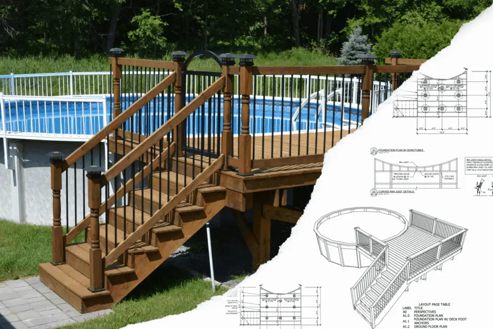 pool plans with line drawing graphics